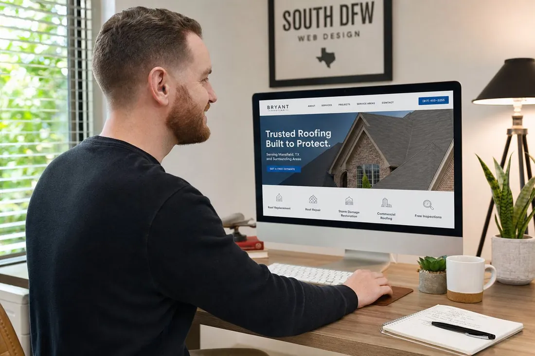 A Mansfield Web Dev designer reviewing a local business website